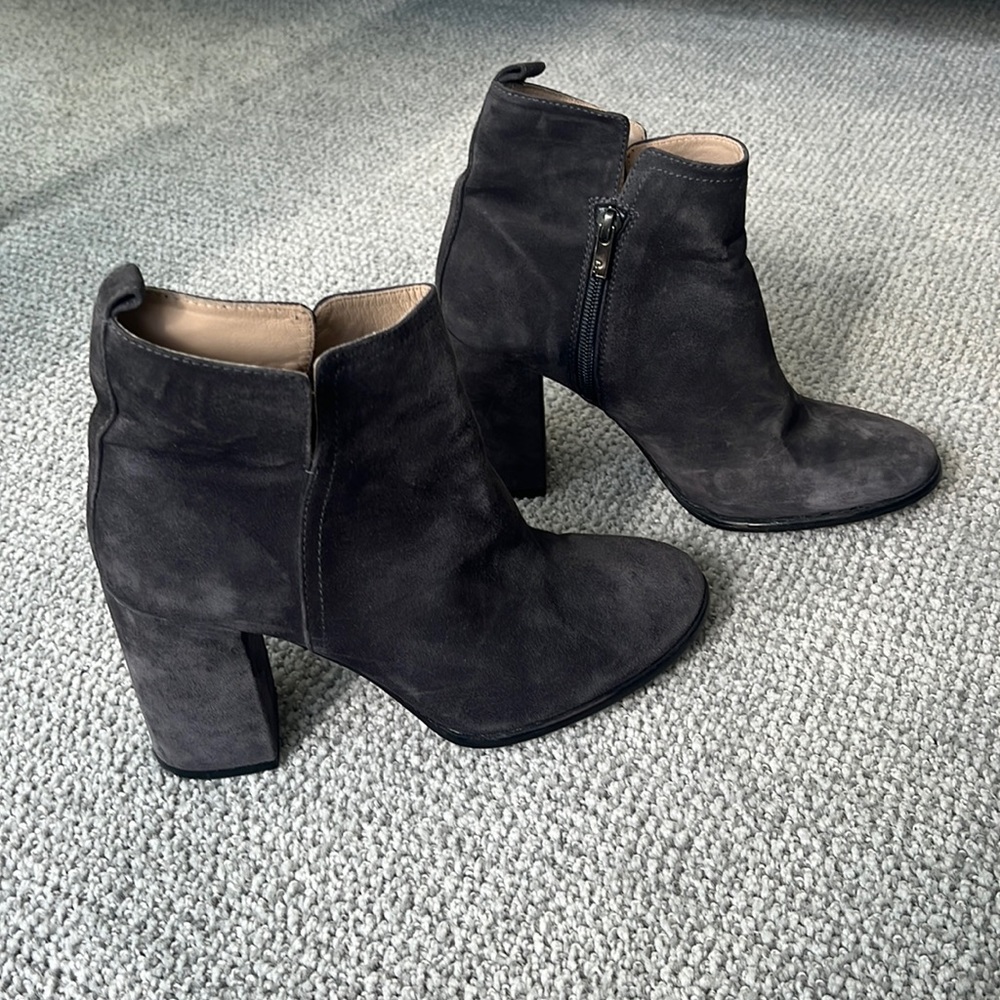 Grey suede chunky heeled bootie